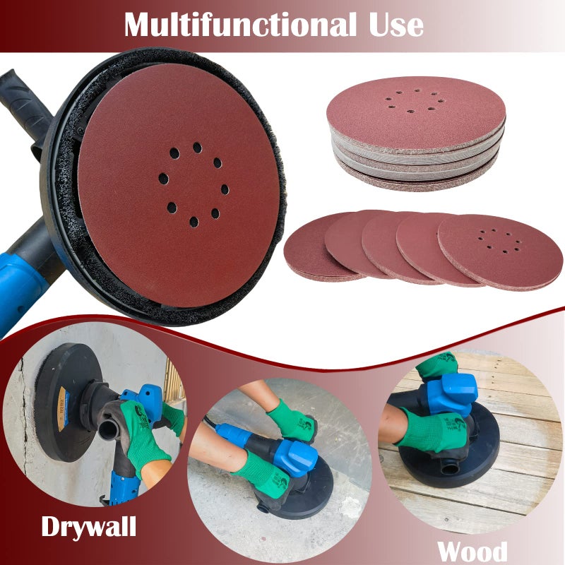 SACKORANGE 30 PCS 9 Inch 8 Hole Drywall Sanding Discs Set- 80 100 120 180 240 400 Grits, 9" Sandpaper Discs with Hook & Loop Backing, Fast Cutting Aluminum Oxide Abrasive for Drywall Power Sander, Sand Wood - Image 5
